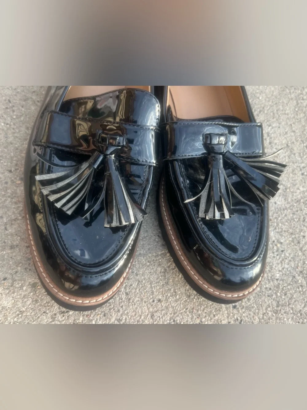 Franco Sarto Carolynn Black Patent Tassel Loafers Lug Sole Slip On Shoes SZ 8.5